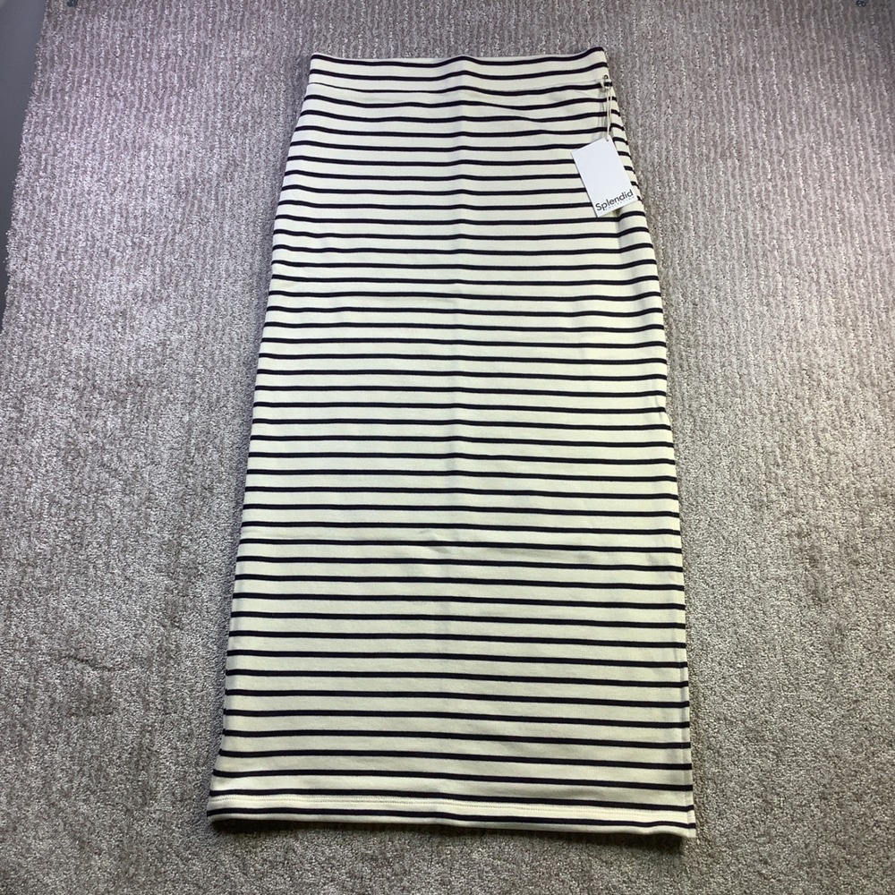 Splendid Womens Striped Knit Maxi Skirt Navy Cream Side Slit Size Small NWT - Picture 2 of 11